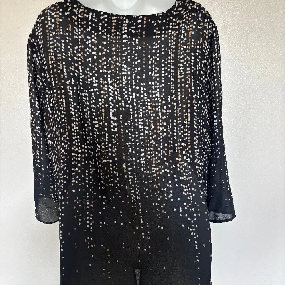 Pre-Loved Black Sheer blouse with tan and white polka dots and sporadic sequins
